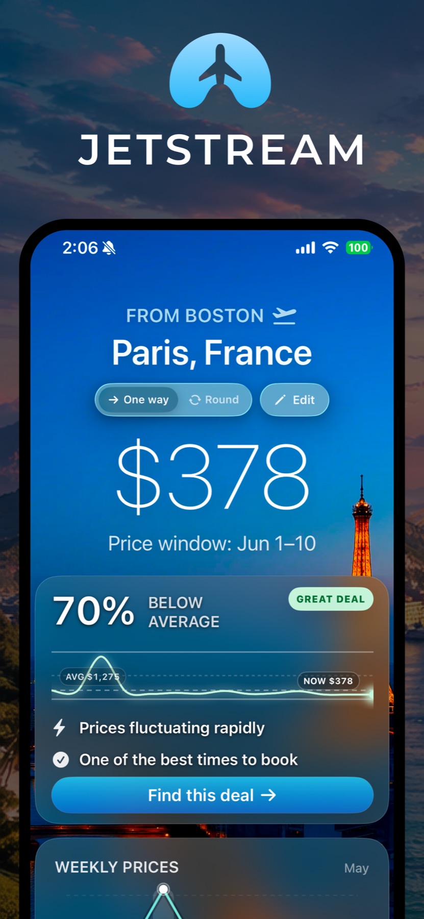 Jetstream showing a low flight price and deal forecast for Paris