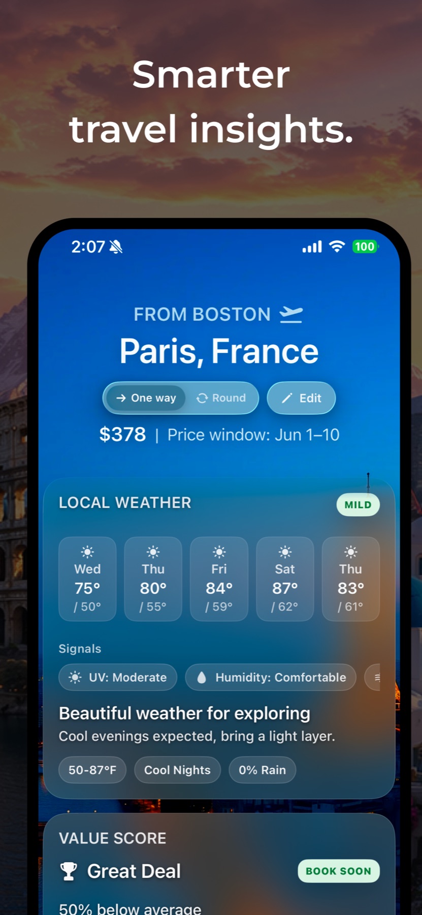 Jetstream travel weather insights and destination value score